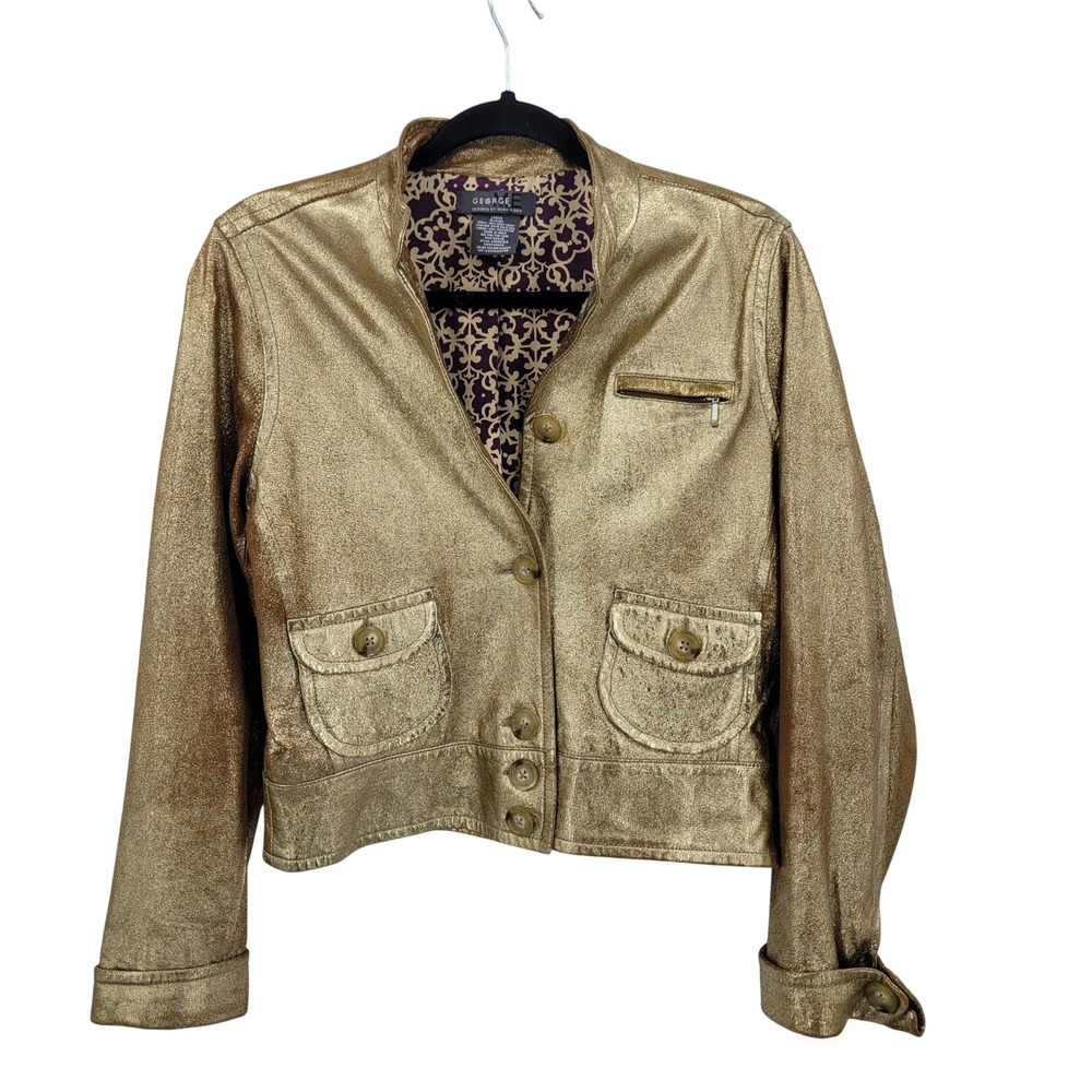 Vtg 90s Womens Gold Foil Metallic Leather Jacket S‎ Blazer High Coller Military